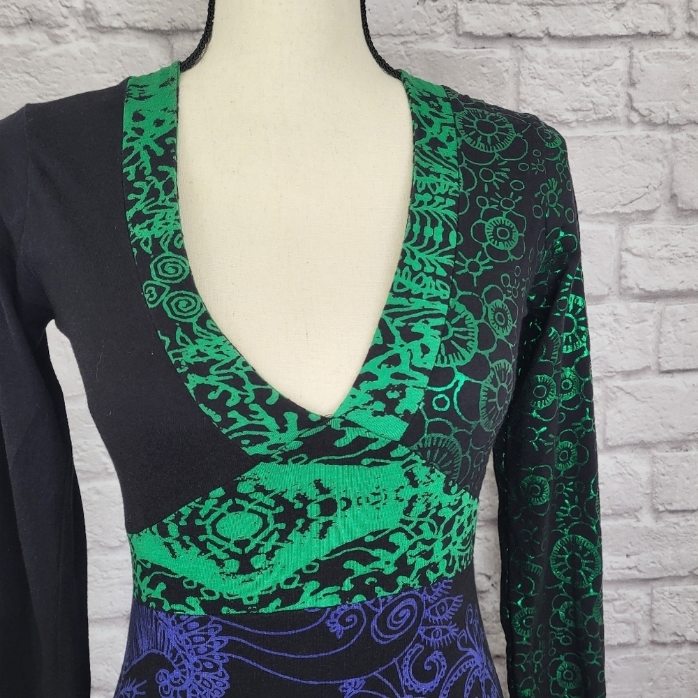 Desigual dress black green blue fit flare long sleeve dragon zebra detail Sz S - Picture 5 of 15